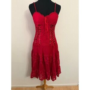 The Pyramid Collection Red Lace Corset Midi Dress Gothic Ruffle Medium
